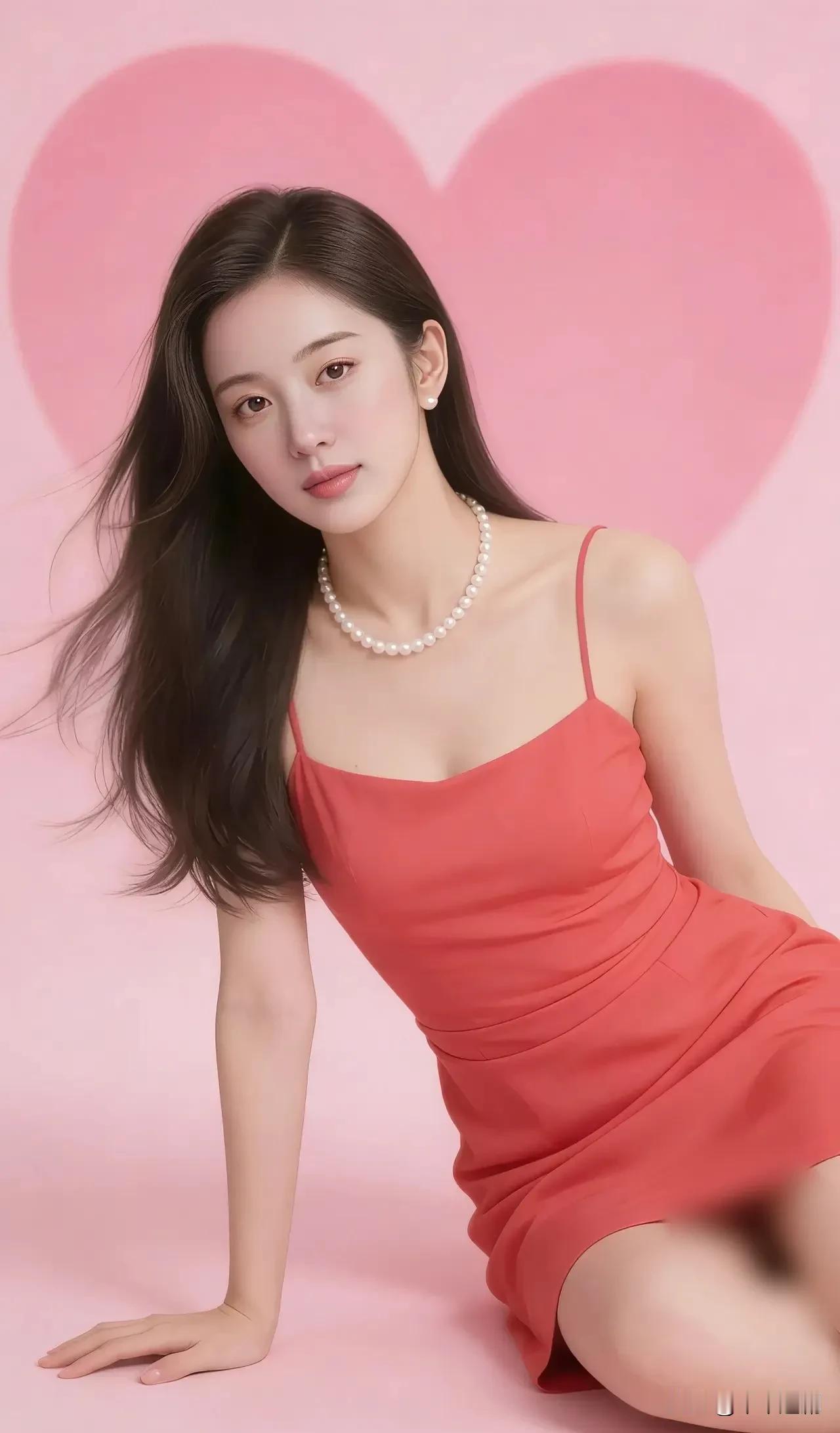 粉色背景里的心跳，是温柔的信号。红裙与珍珠，把浪漫穿在身上，每一眼，都像在说