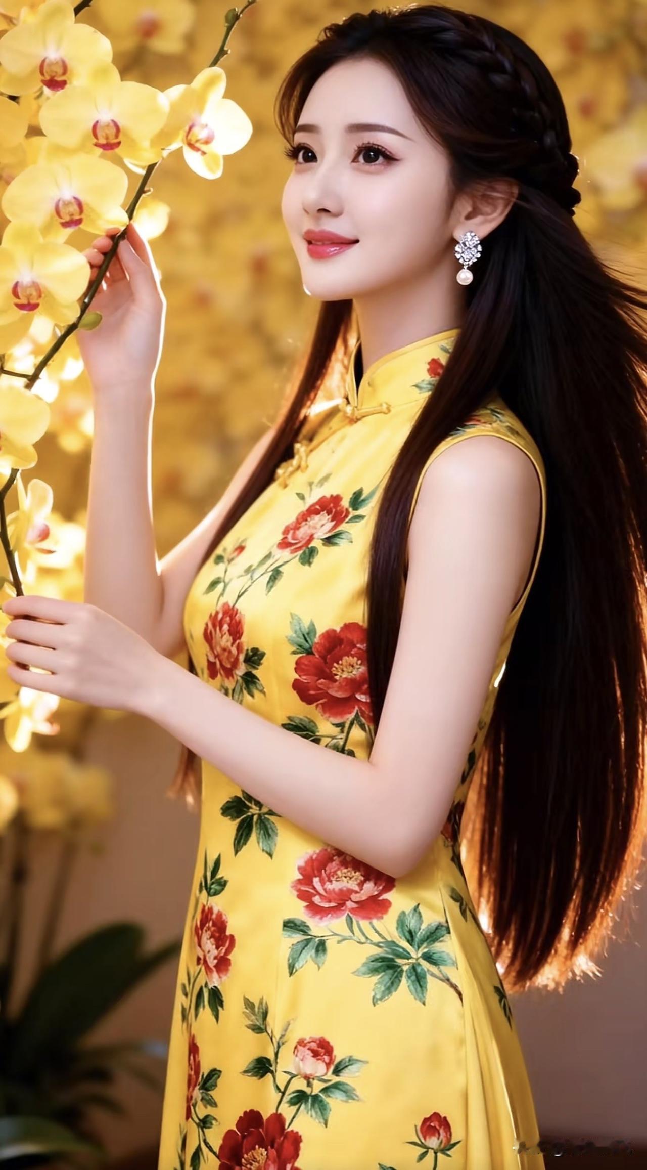温婉优雅的旗袍美人，花丛中的动人一瞥。美女旗袍照旗袍烟雨景旗袍风景旗袍烟雨
