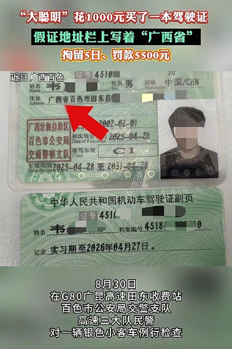 广西百色，男子没有驾驶证，花了1000元买了一张驾驶证，谁知，他上高速时，被交警