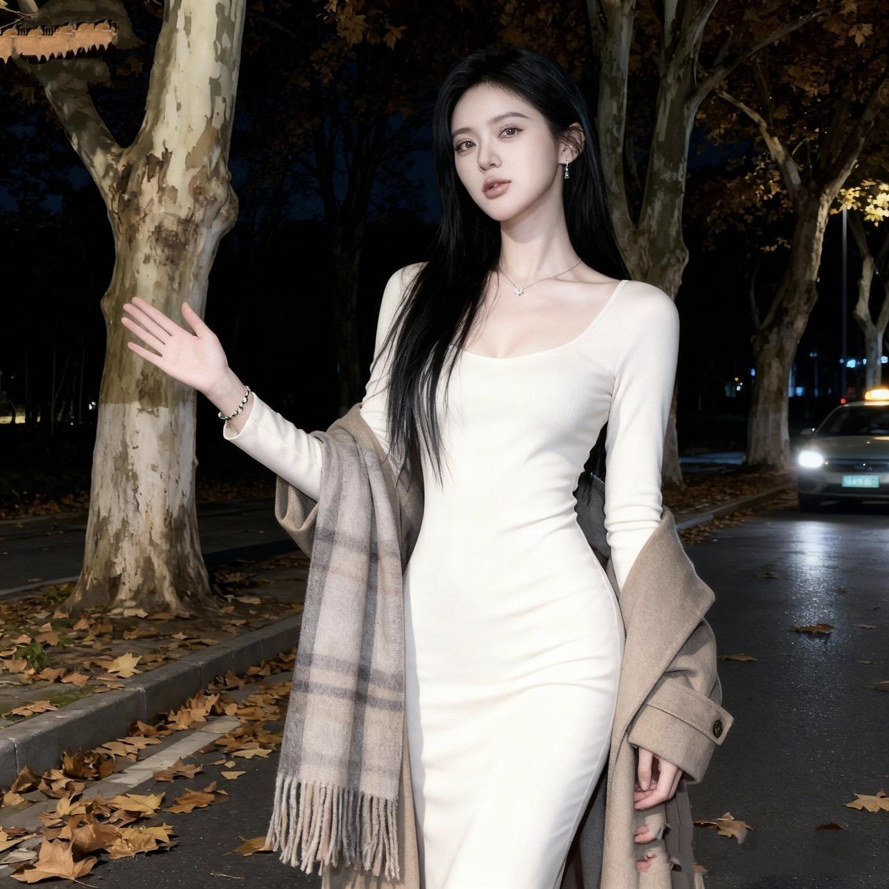 《夜街揽衣》寒街叶覆浅霜痕，衣袂裁成月一痕。素裙凝露沾微冷，软帔携风拥半