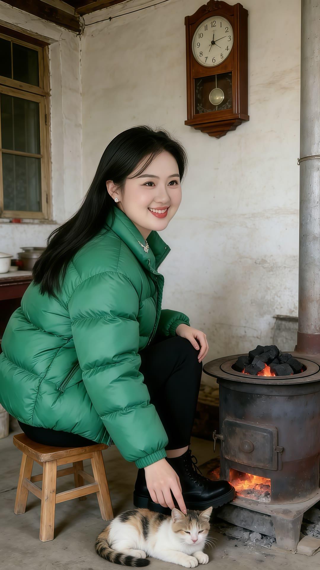 冬日暖阳下，绿衣少女与猫咪相伴，静享时光。