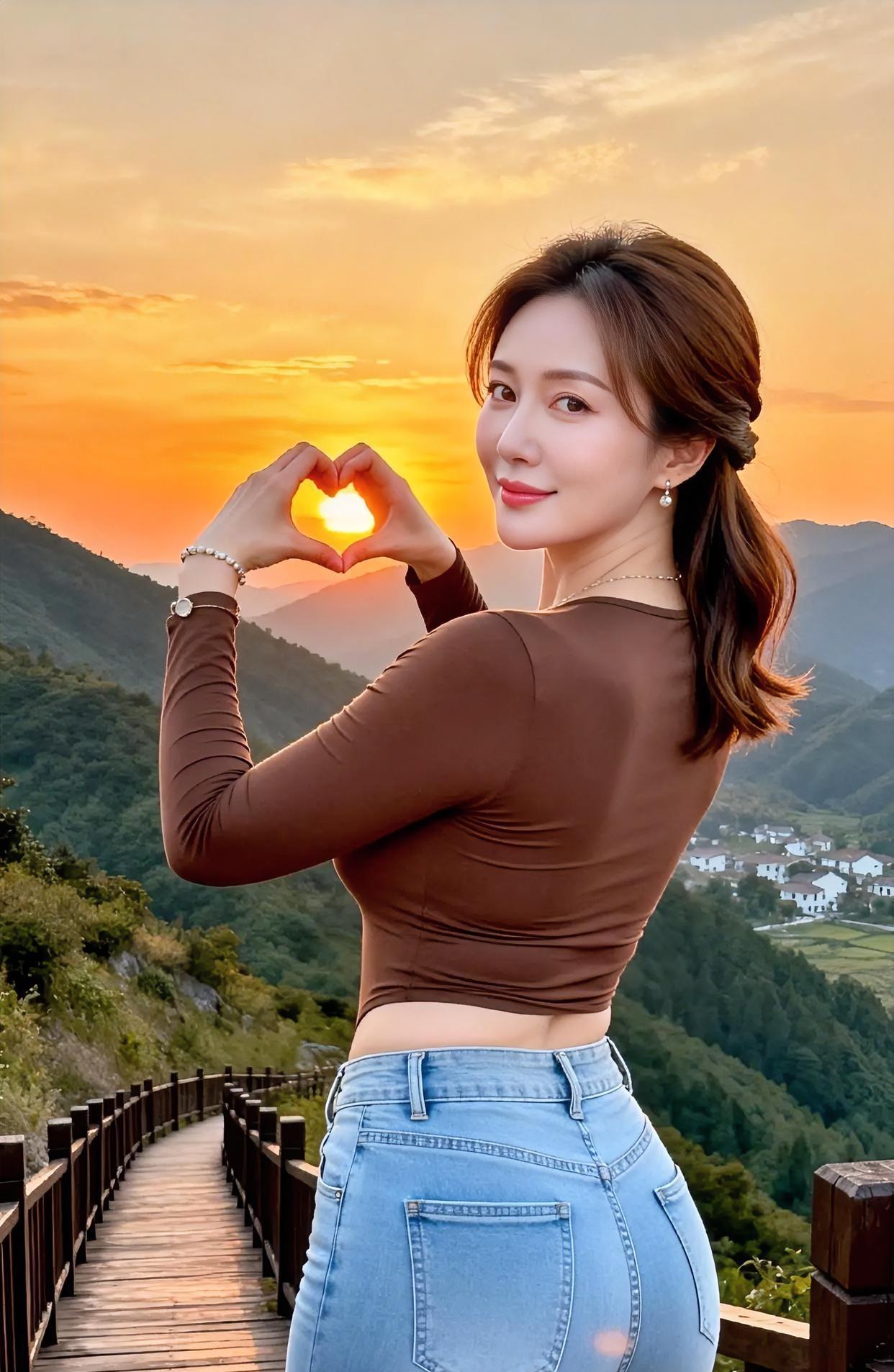 双手轻巧一弯，兜住半颗夕阳。山风拂过发梢，栈道延伸向远方。不必言