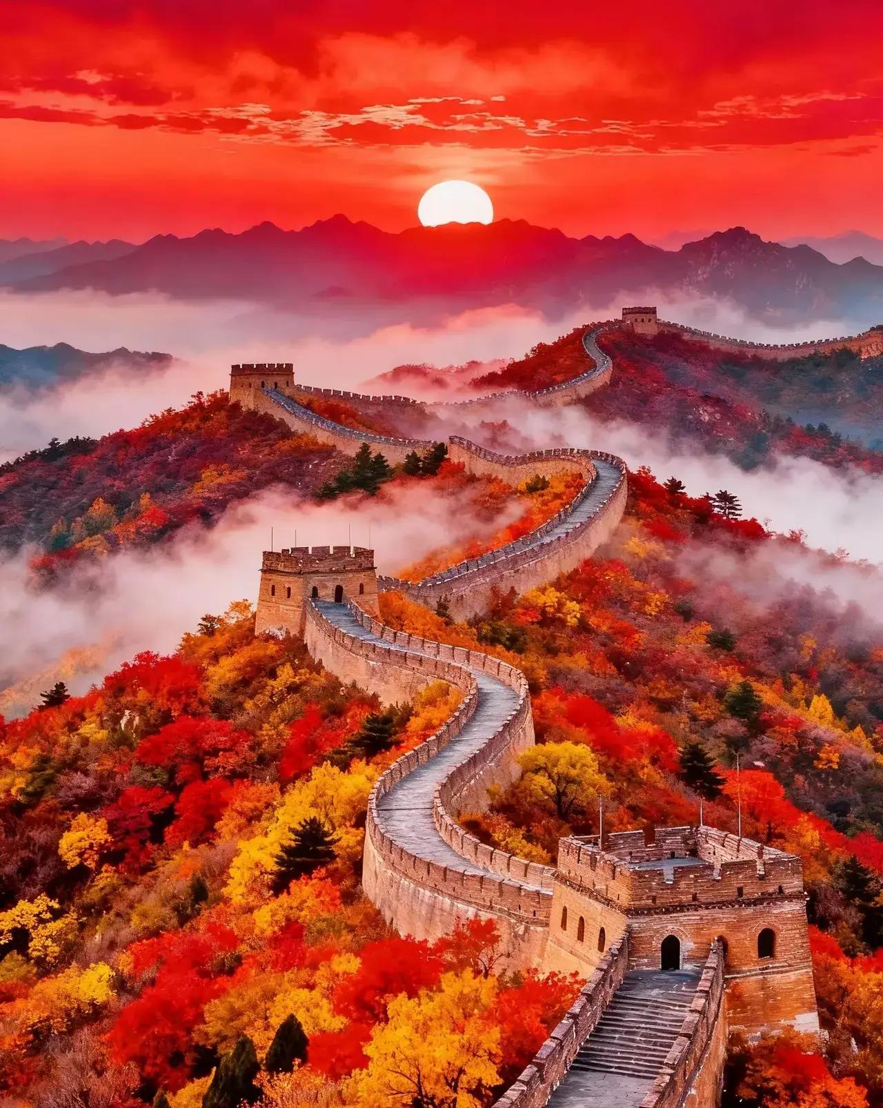 旭日东升满天红，云海茫茫偎长城。层林尽染红烂漫，江山多娇诗兴浓。