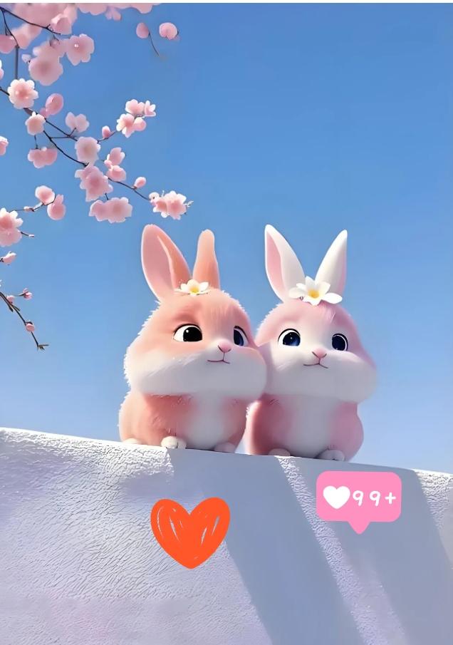 这两只小兔子也太可爱了吧！粉粉嫩嫩的，头顶还戴着小花儿，安安静静地靠在一起，就像