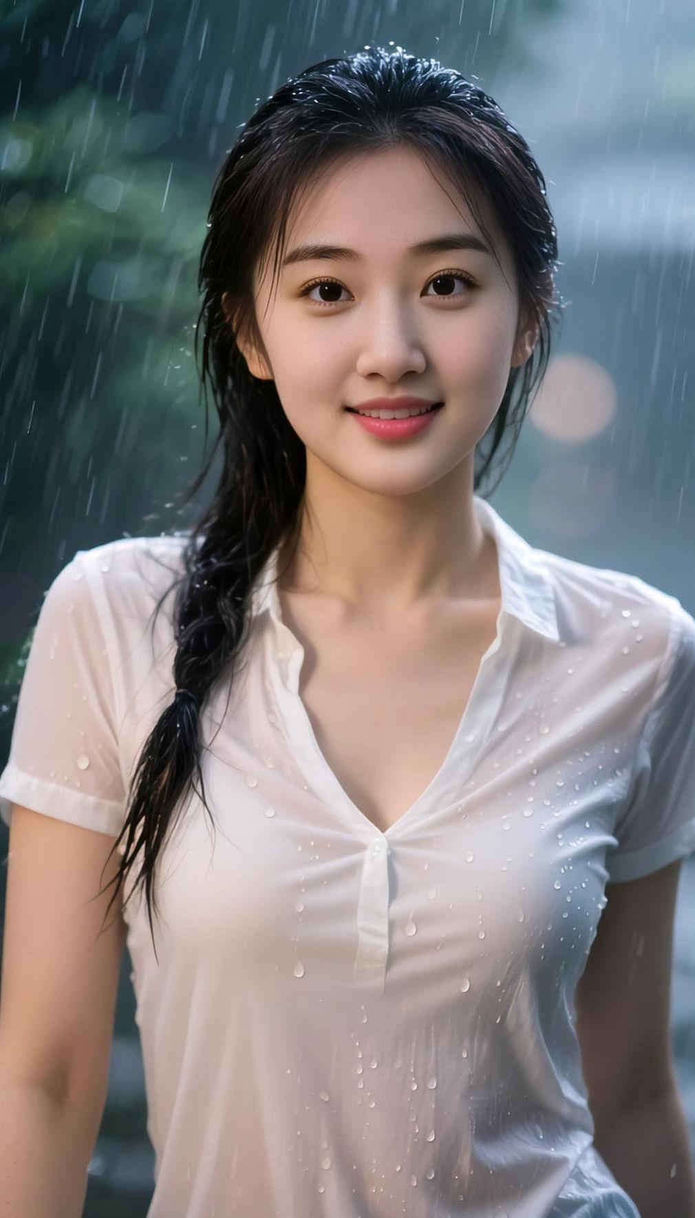 AI雨中佳人生活美学清纯美女自然景观简约穿搭