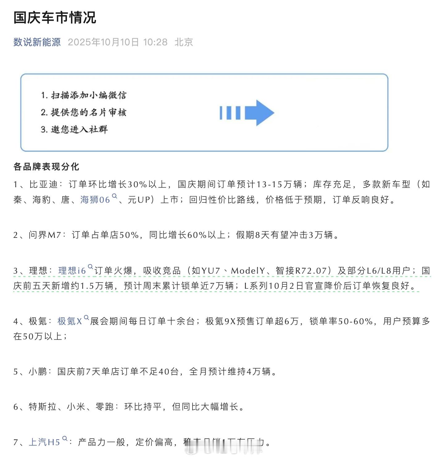 数说新能源：国庆期间，理想i6订单火爆，吸收竞品(如YU7、ModelY、智接R