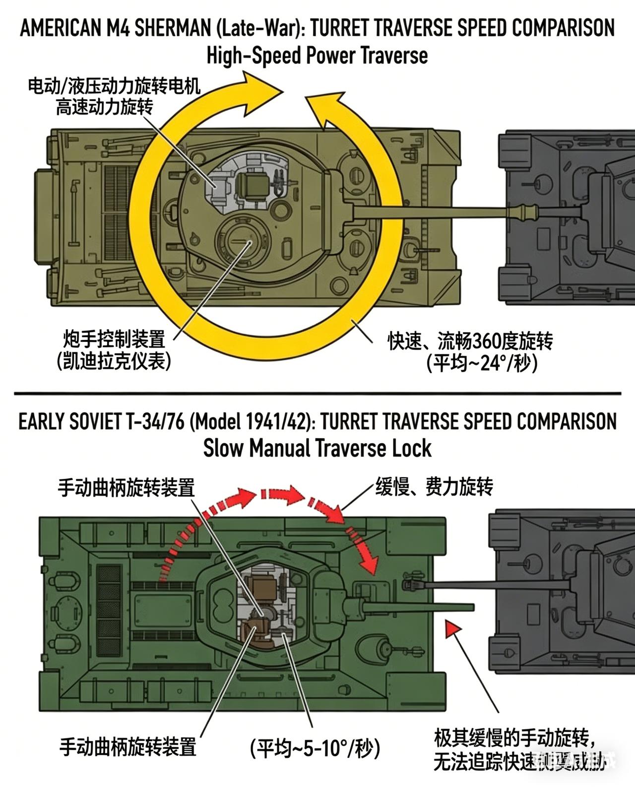 一张图看懂二战两款经典坦克的致命差距：M4谢尔曼的电动炮塔，和T-34的手