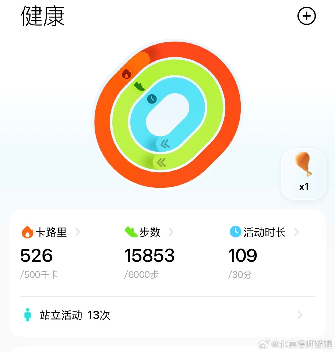晚间打卡～食：三顿饭。早餐：杂粮饭，炒西兰花菜花鸡腿肉土豆，苹果，拿铁。午餐：煮鸡蛋1个，鸭蛋1个，