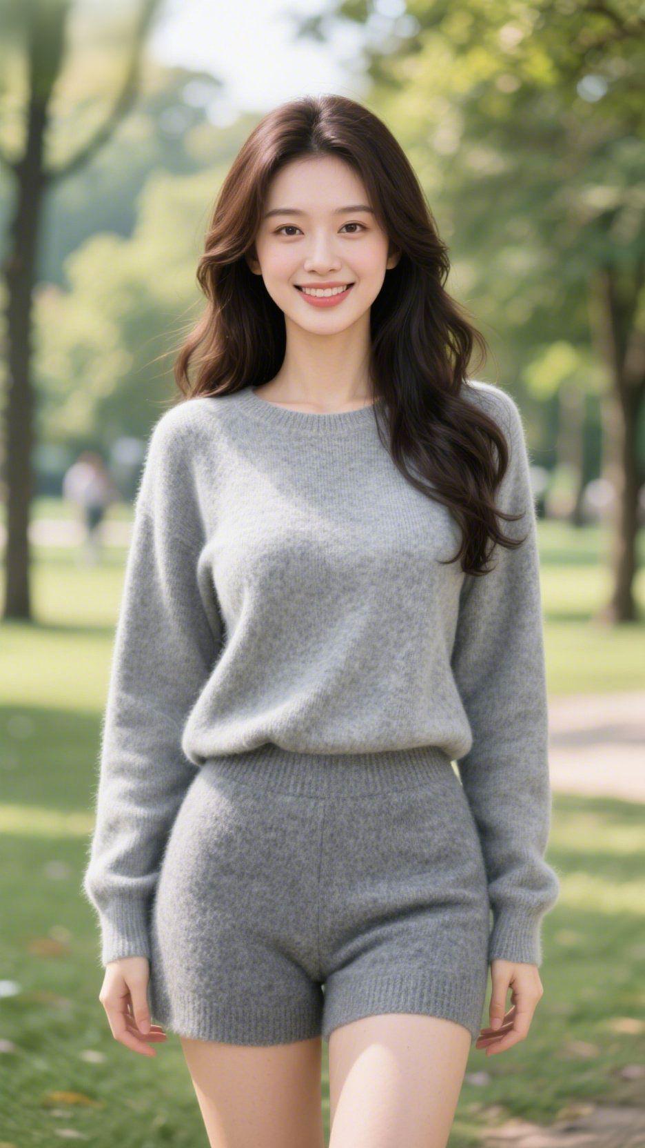 《青草地的灰柔》风裹着草木淡香漫过草坪时，她缓步而来——一身灰如揉软的云，