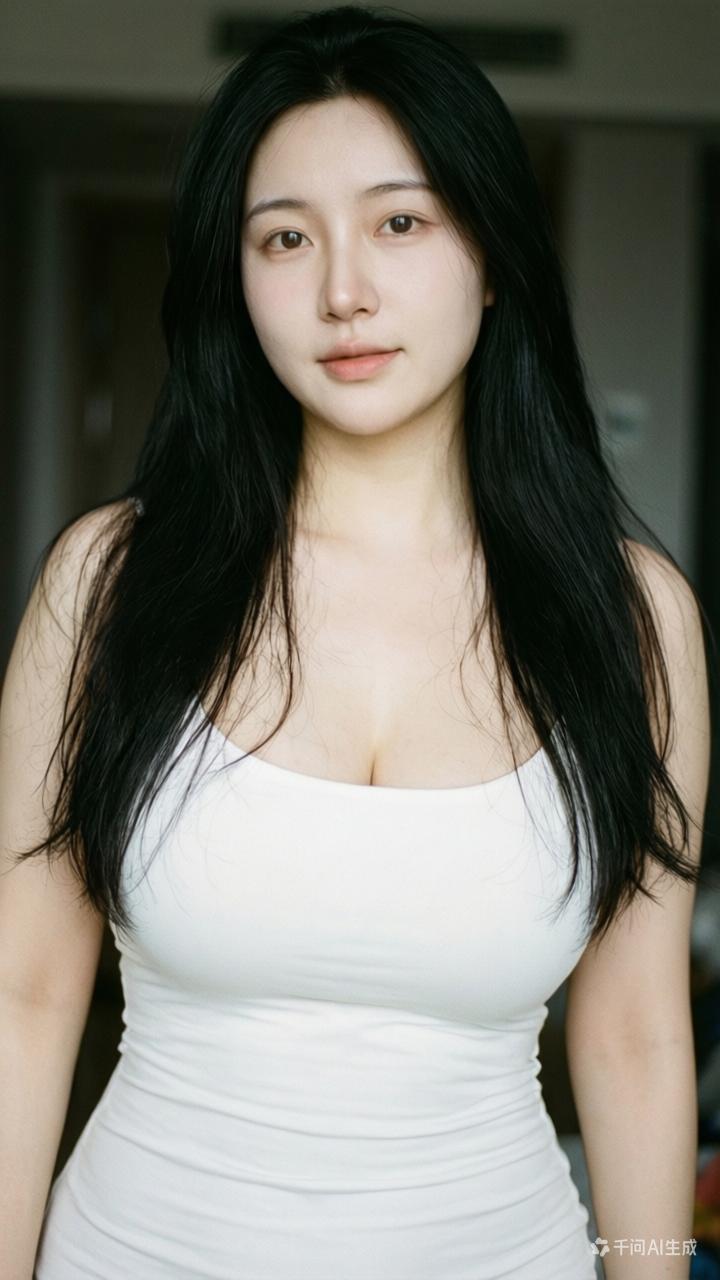 温柔黑发，优雅白裙，清新自然，气质迷人。