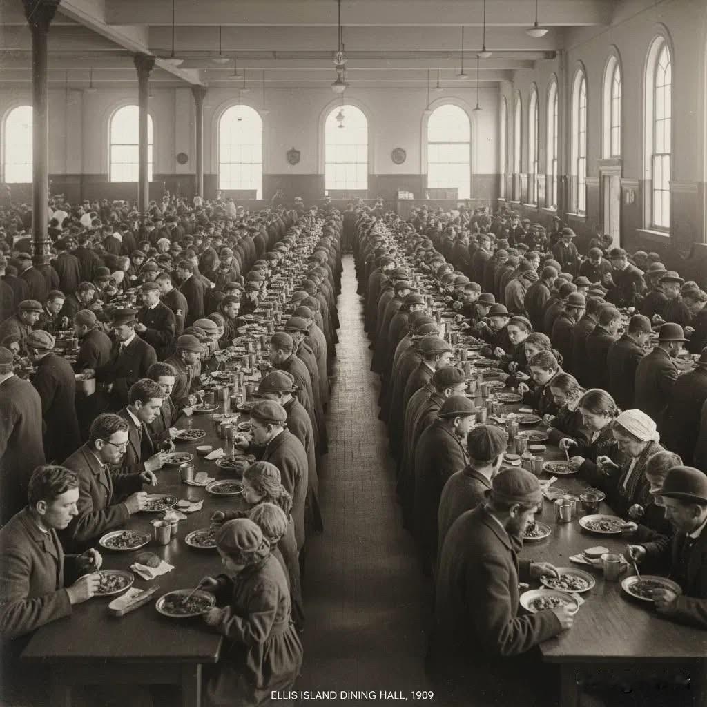 这张照片名为“埃利斯岛食堂，1909年”(ELLISISLANDDININ