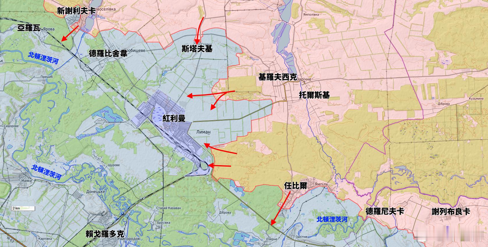 更新紅利曼一線戰鬥態勢由於俄軍已經成功滲透進入紅利曼,烏軍防禦態勢急轉直下,因此