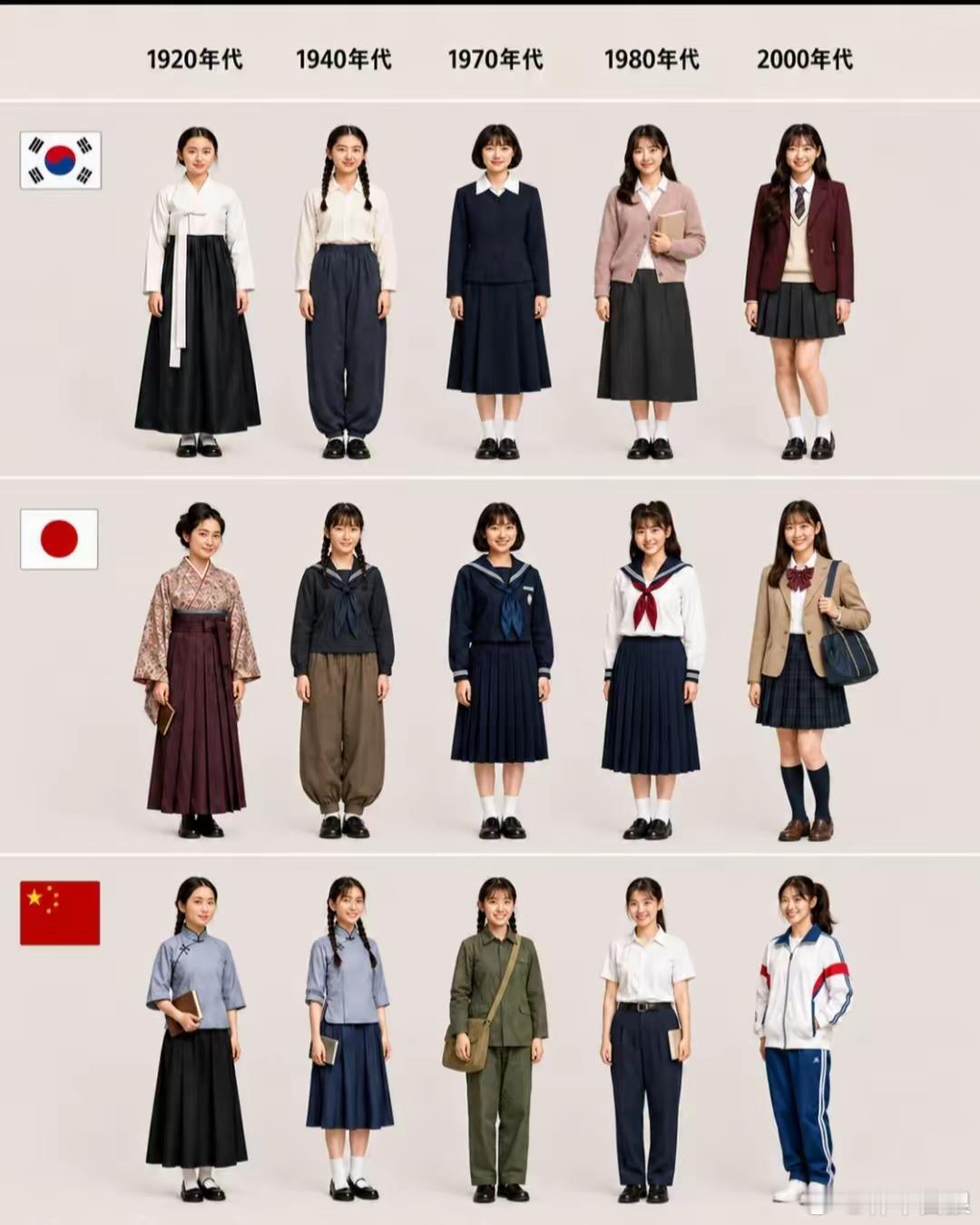 韩国网友制作的韩日中女生校服变迁。本狼觉得，中国目前的校服就是最实用最保护女生的