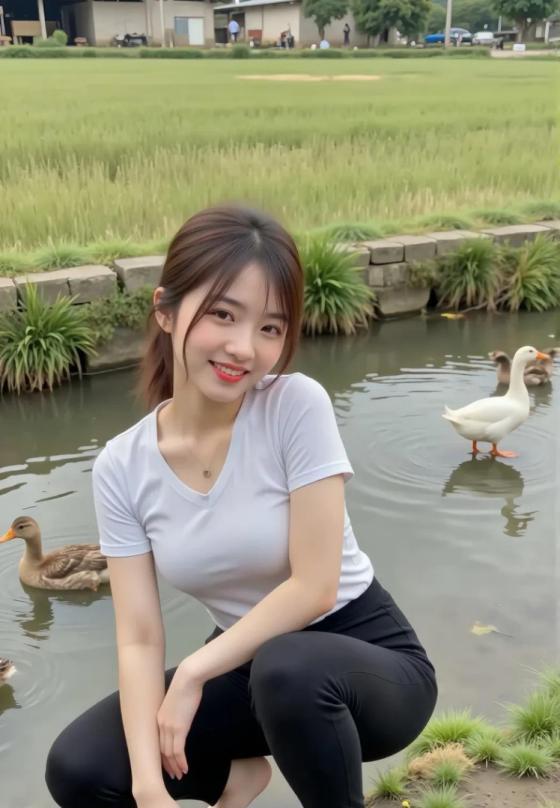 蹲在池塘边，轻声呼唤，鸭子们慢慢游来，好一幅人与自然和谐画面。