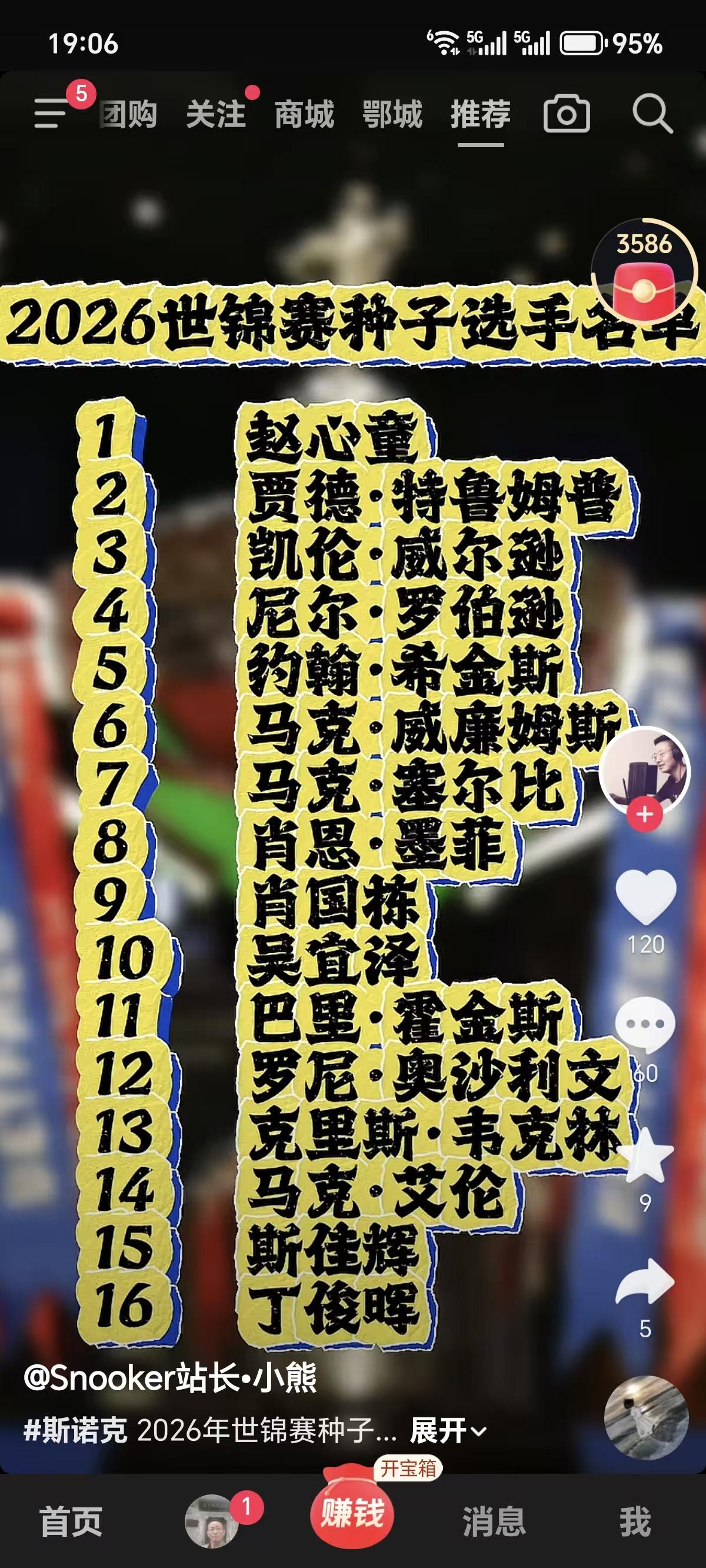 2026年斯诺克世锦赛种子选手名单评价图中左侧为排位序号，右侧为对应球员姓名