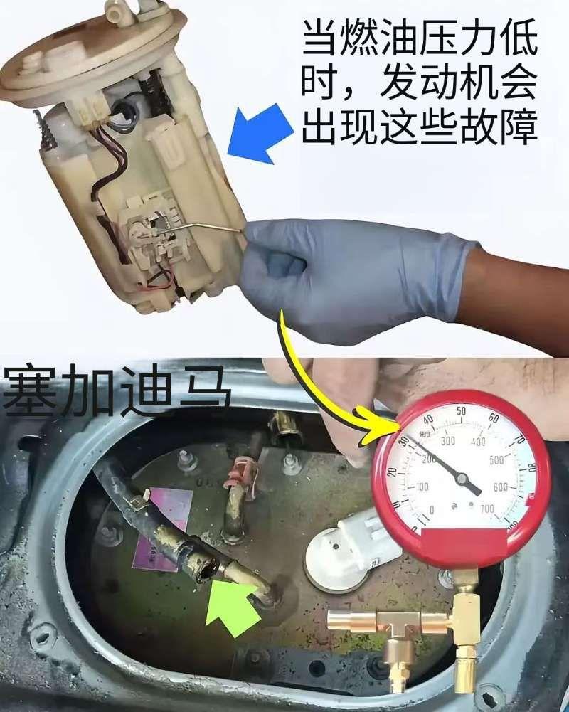 发动机燃油压力不足的常见故障。在多点电喷系统里，正常的燃油压力一般要维持在