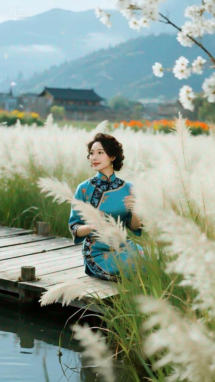 七绝●美景如画/古韵池边苇白菊花红，远处山林罩雾中。古镇经风历雨久