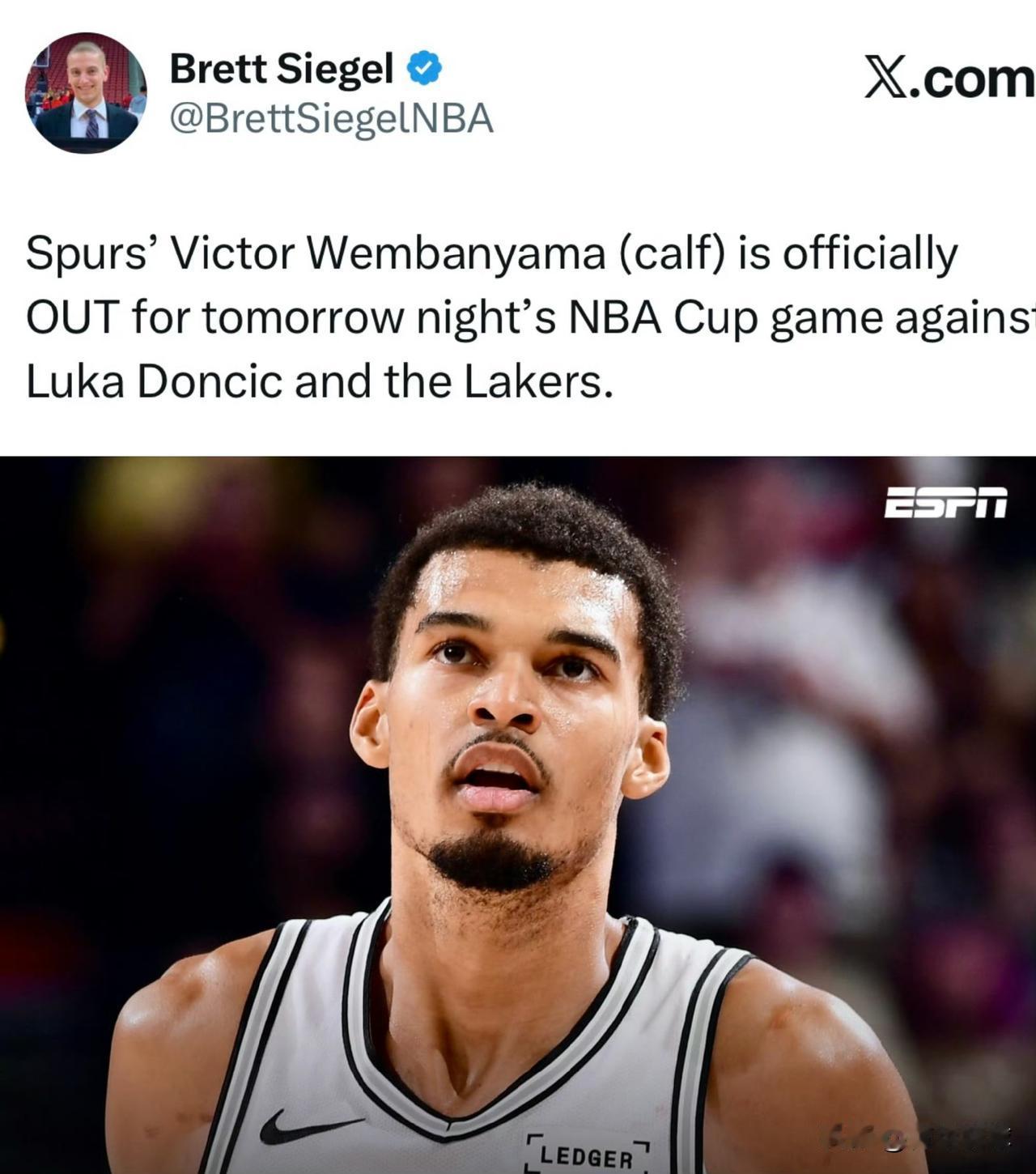 湖人队好消息！文班亚马将缺席淘汰赛！据NBA权威记者BrettSiegel