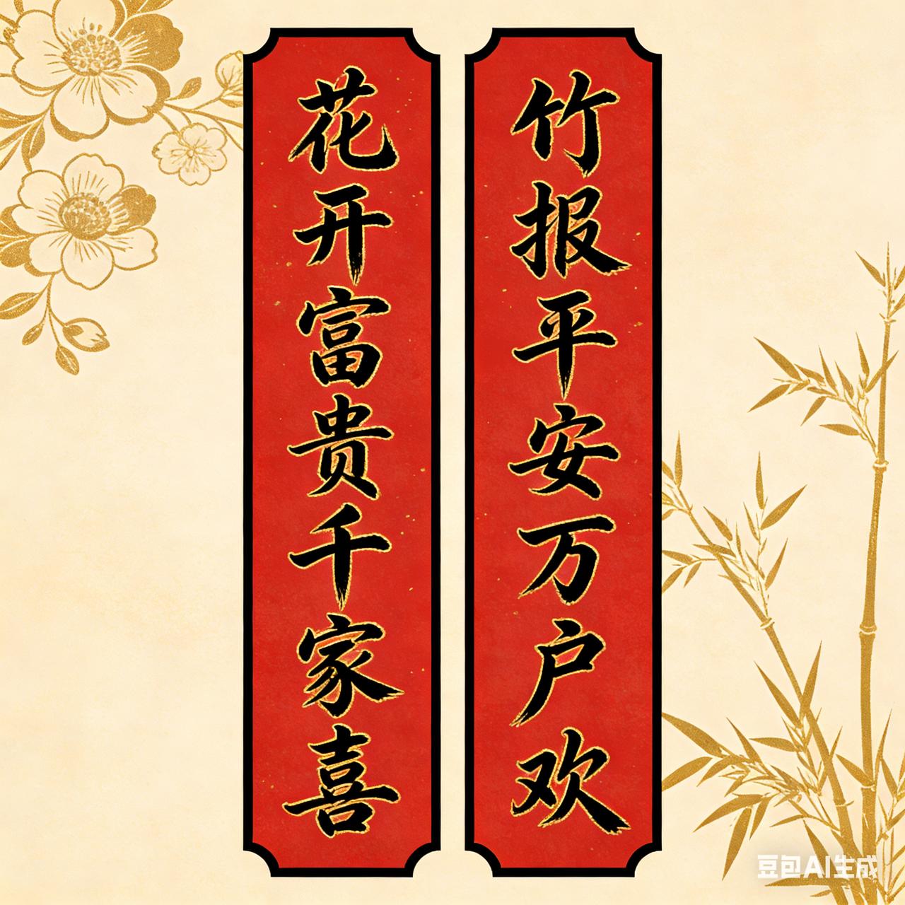 上联：花开富贵千家喜，请出下联？竹抱平安万户安
