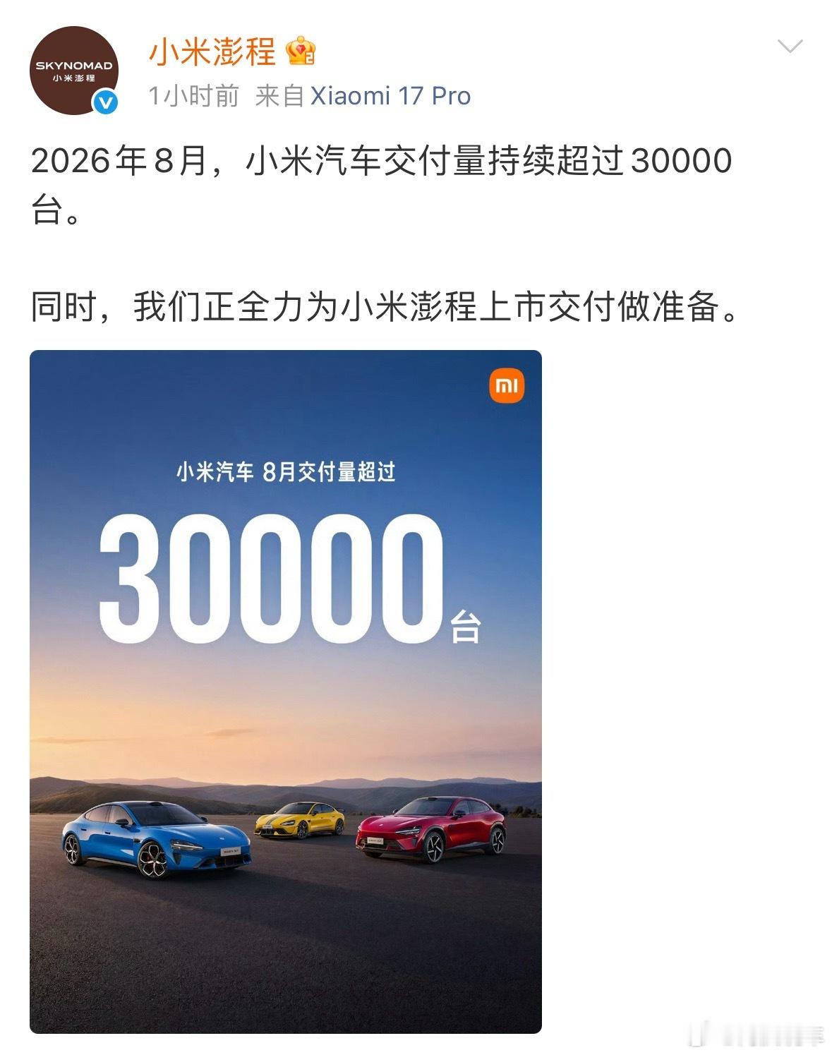 雷军回应小米汽车8月交付量，小米汽车8月份交付量依旧超30000台。现在看来，小米汽车月销3万台已经