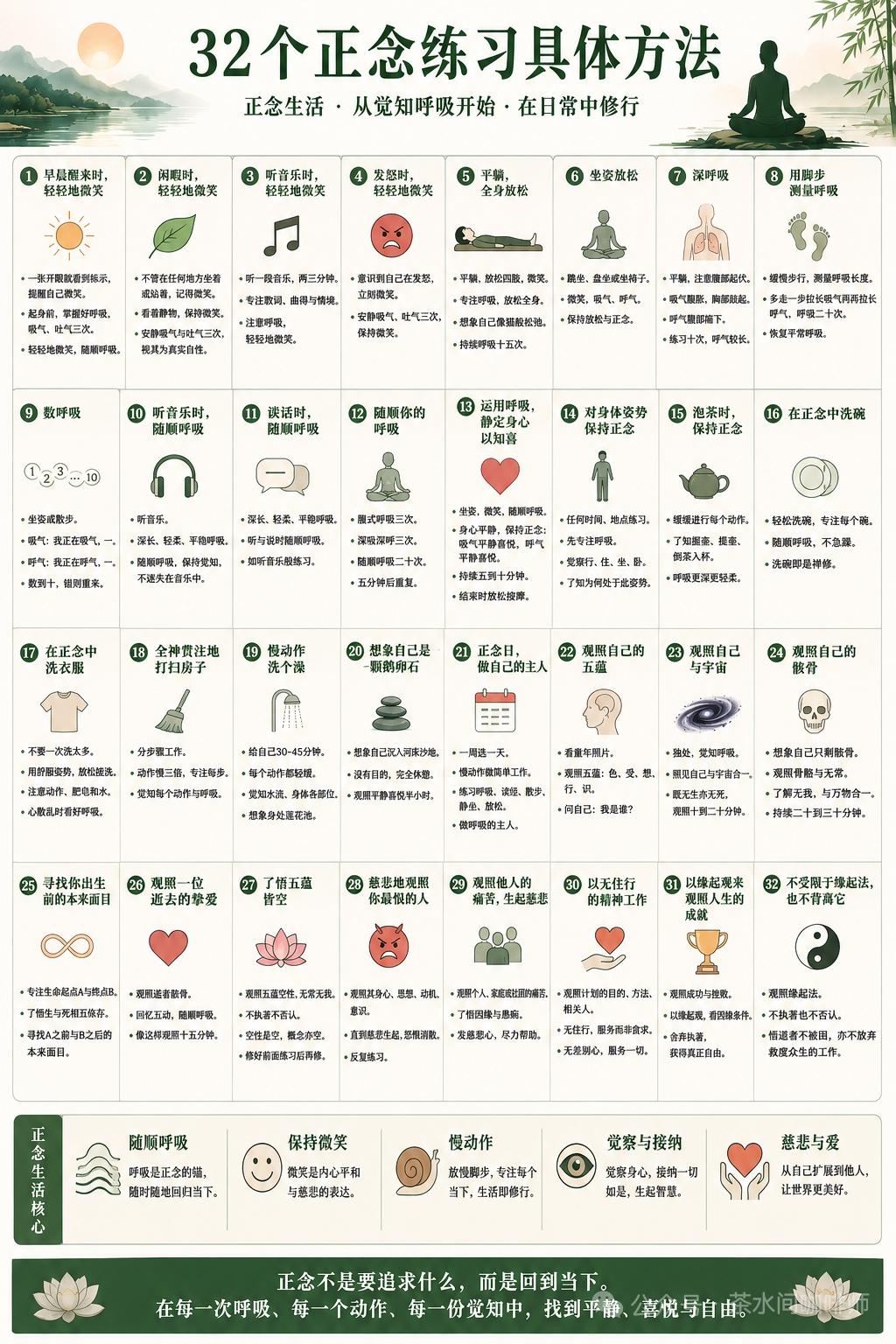 正念生活，从觉知呼吸开启，这32个正念练习方法超实用！呼吸观察是基础。寻一处