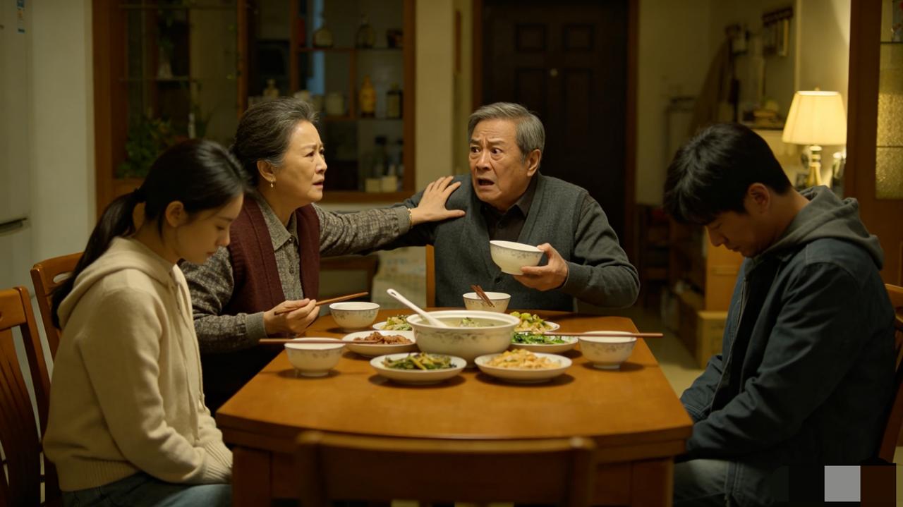 一个退休金13500的老人，每个月给女儿女婿家5500的支援。在吃晚饭的