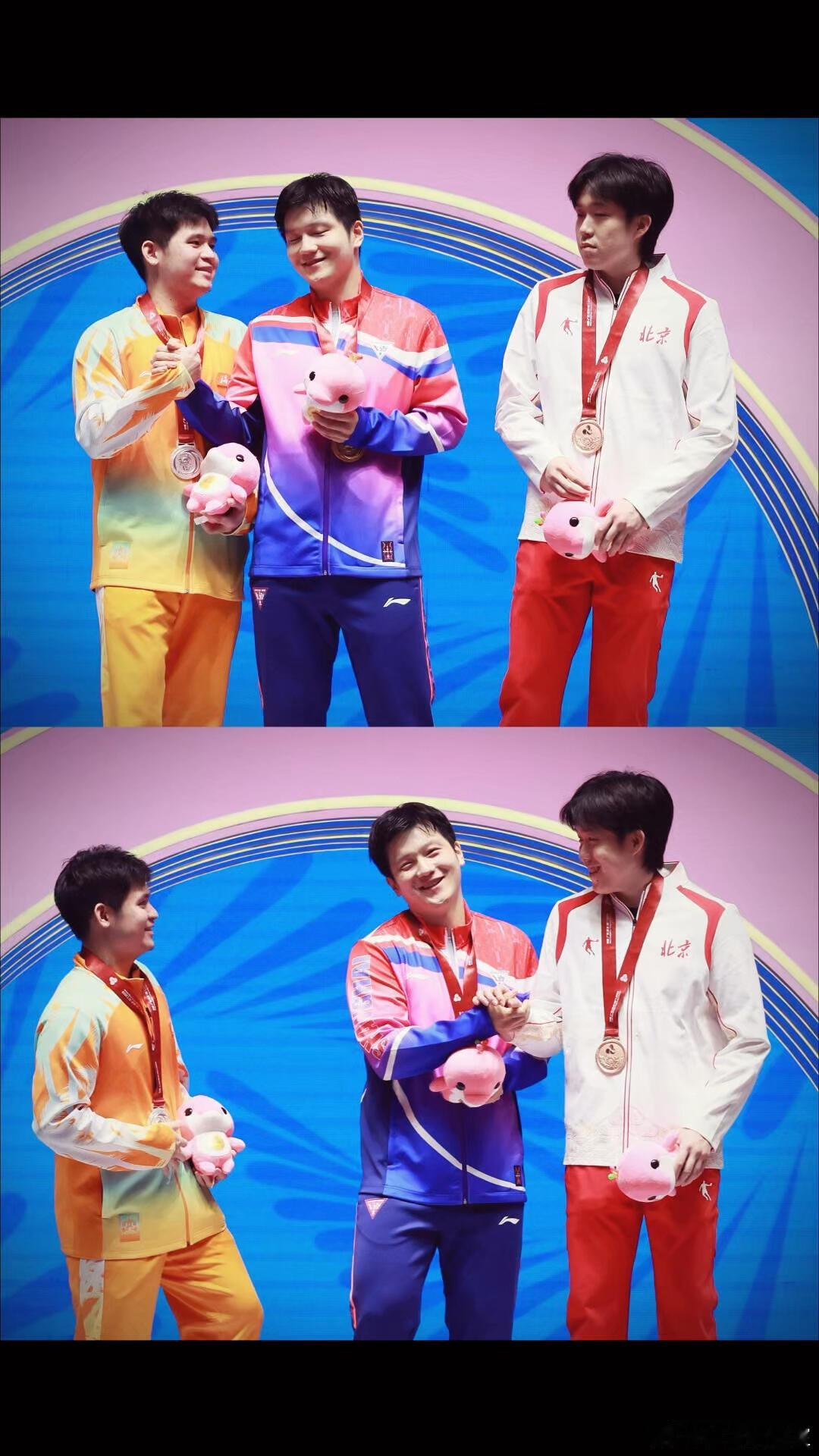 东哥领奖后的可爱一面，与王楚钦林诗栋握手的瞬间开怀一笑太可爱了。