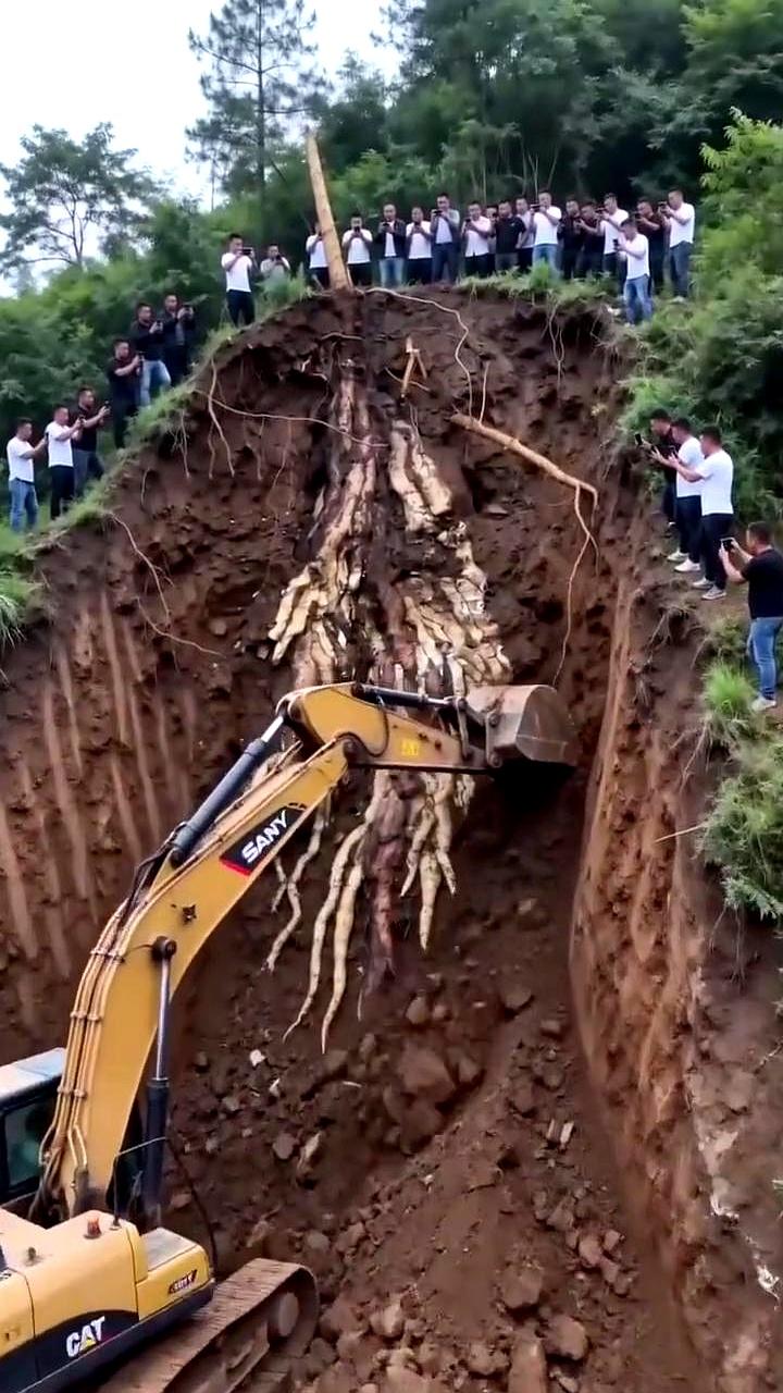 镜头一抬，田埂边立着根“巨棍”，据说是山药，挖掘机停在旁边都矮了一截。围着看热