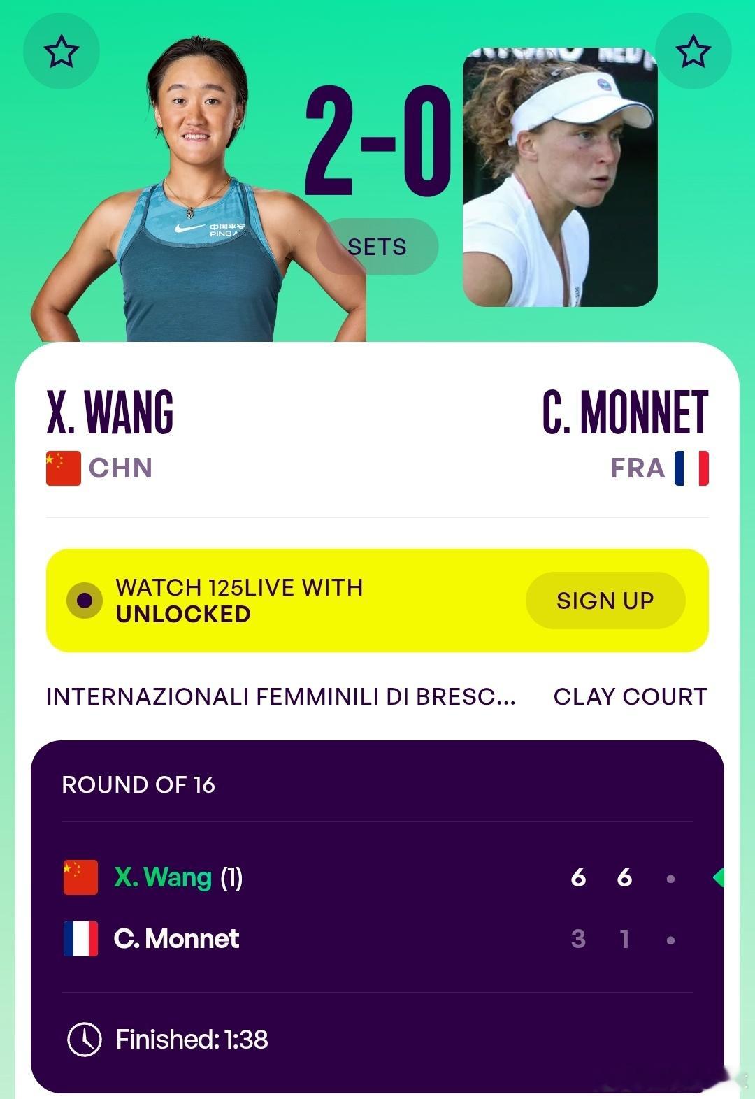 WTA125布雷西亚站🇮🇹女单第2轮头号种子王曦雨🇨🇳6-3/6-1战胜