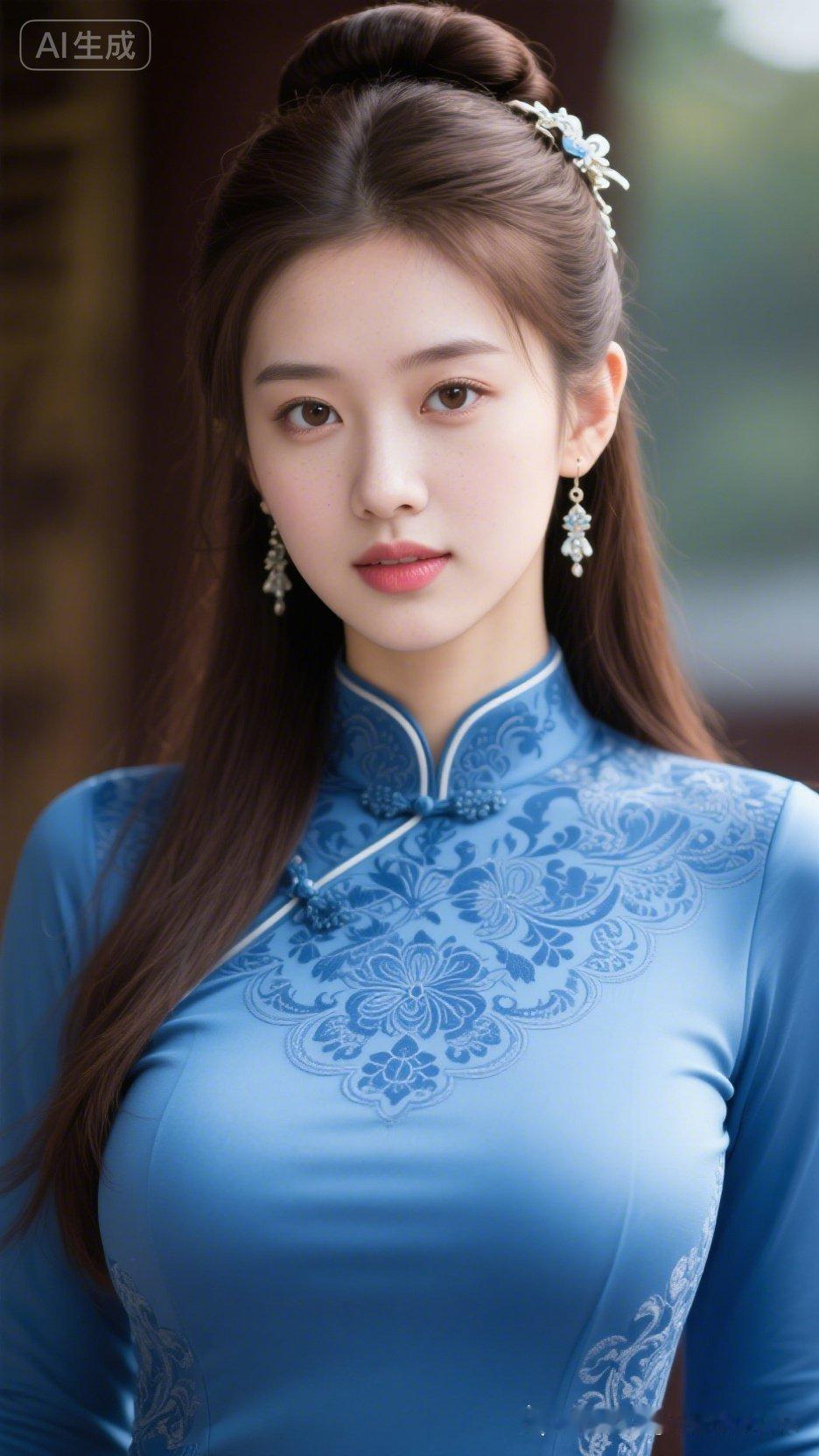 古典美人，蓝衣华裳，韵味十足