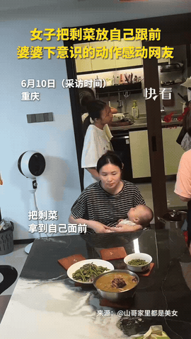重庆，一家人准备吃晚饭，儿媳故意把剩菜摆在自己面前，想看看婆婆什么反应。谁知婆婆