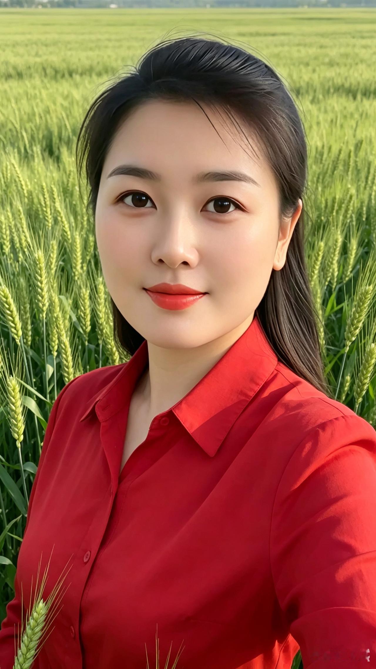麦田红衫万顷青畴拂暖风，红衫一点立芳丛。明眸带笑藏柔婉，身染田园绿意浓。沃