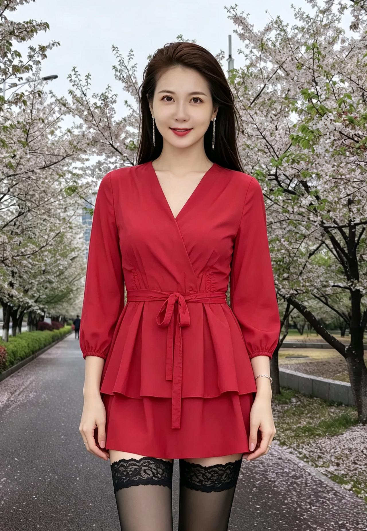 一袭红衣胜赤霞，嫣然笑靥若桃花。盈盈立处春光暖，不借丹青自入画。