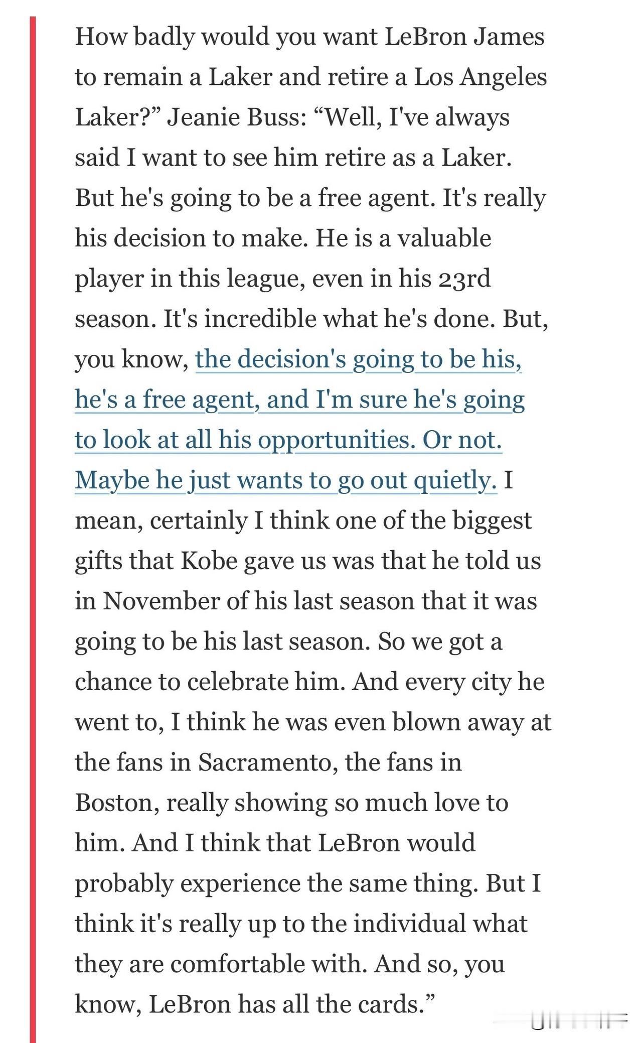 主动权在勒布朗手里！！！珍妮-巴斯谈詹姆斯留在湖人并退役！近日，老阿姨珍妮-