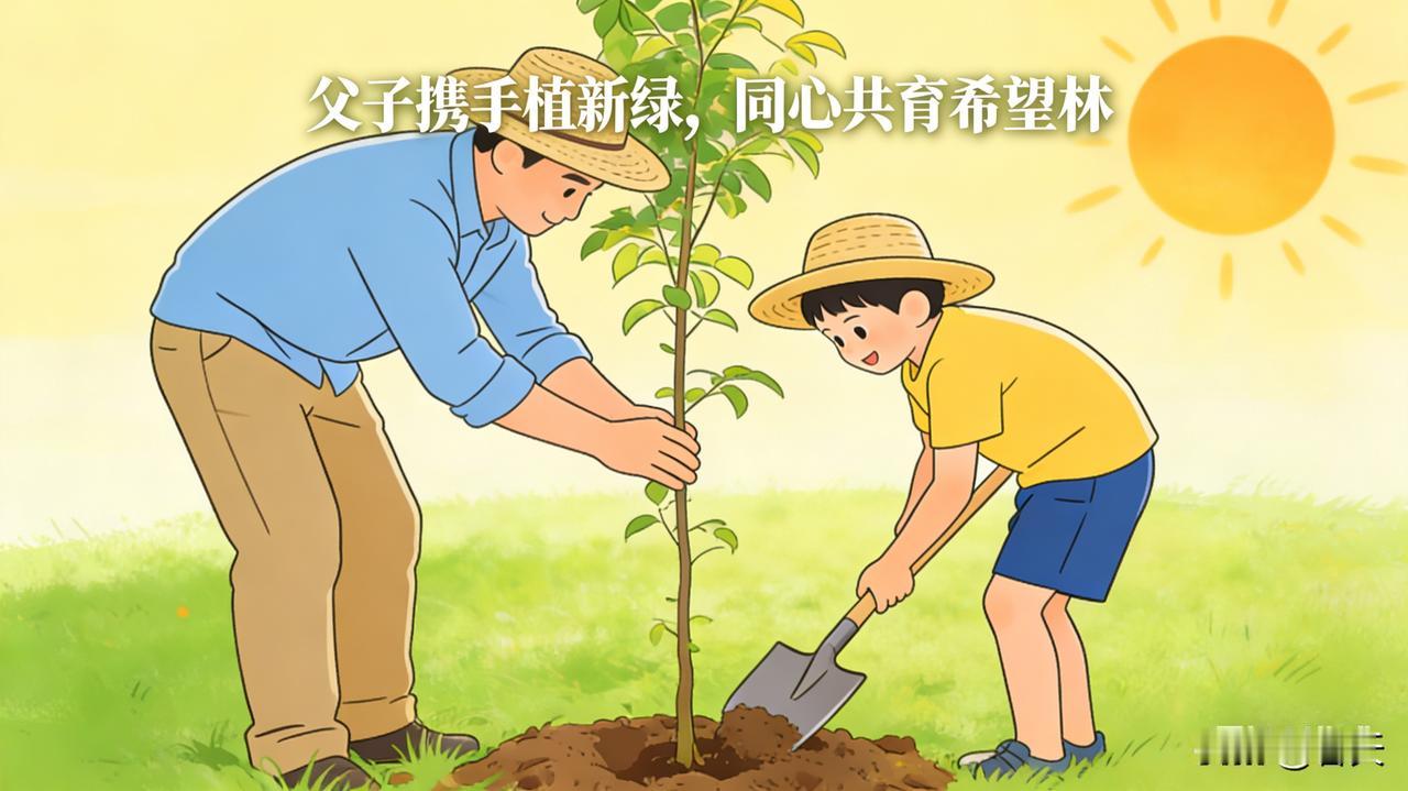 1. 父子携手栽新苗，汗水浇灌绿意绕，同心共育希望林。亲子植树2. 春日里父子