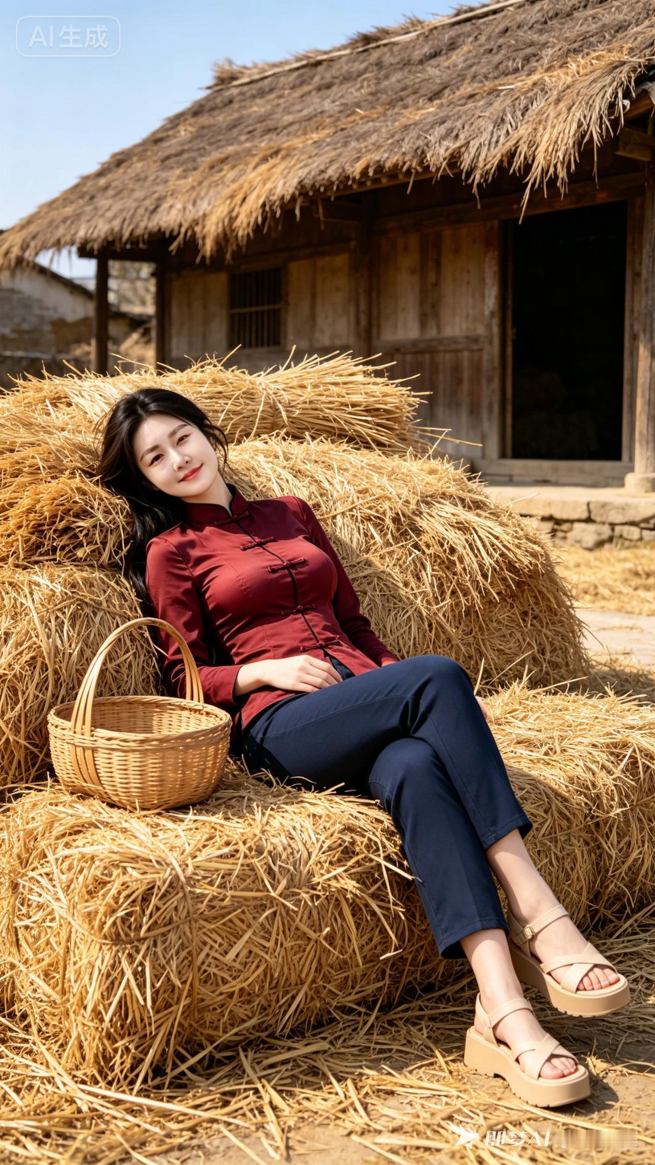 田园风少女，悠闲地躺在干草堆上，享受宁静的乡村时光。
