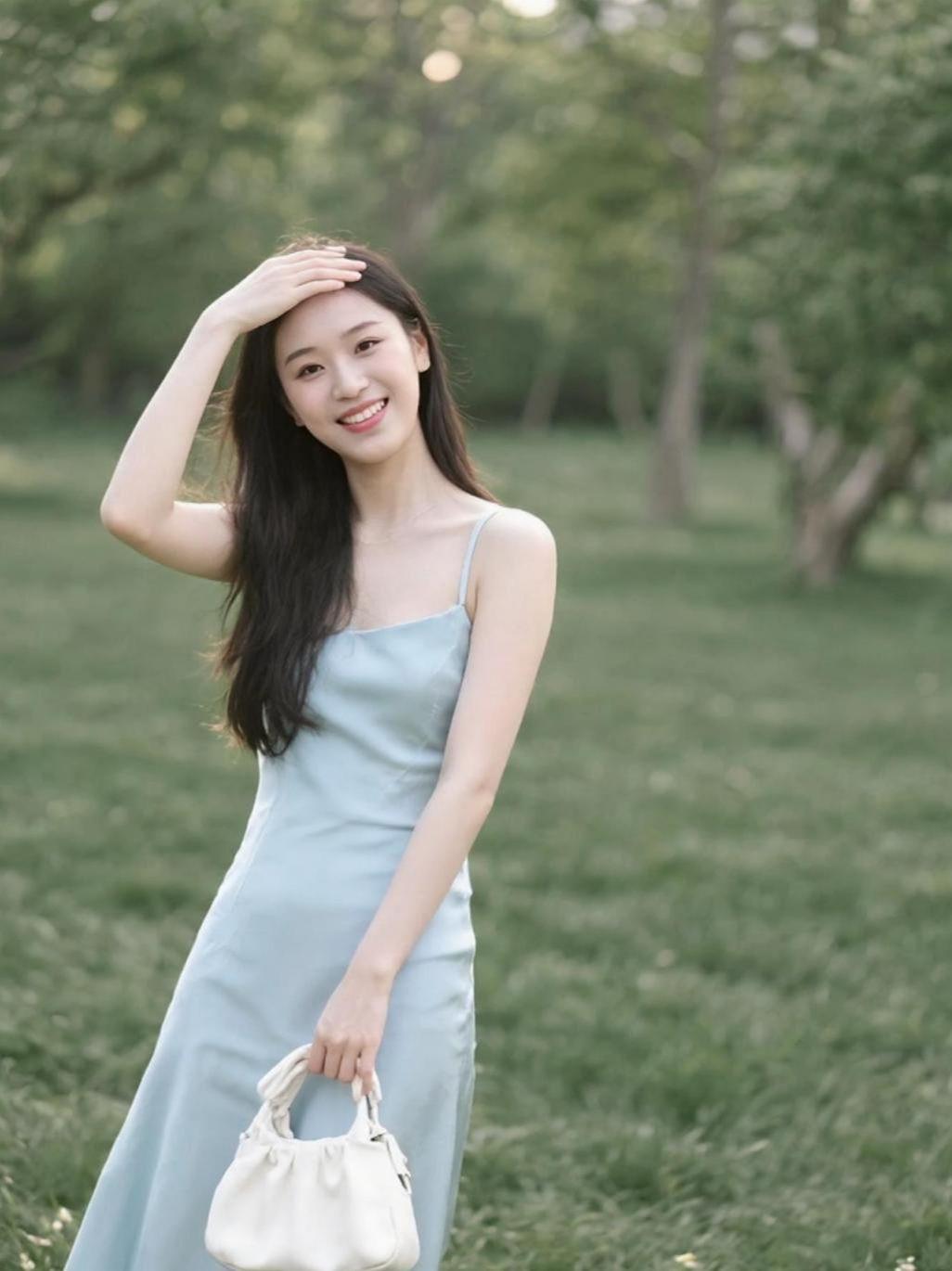 在这片绿意盎然的草坪上，阳光洒下斑驳的光影，仿佛时间都慢了下来。一袭浅蓝长裙，轻