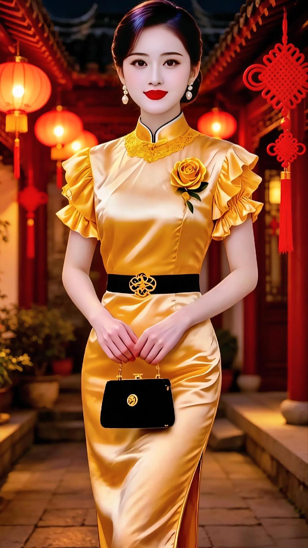 鎏金缎面旗袍自带柔光质感，荷叶袖设计温柔别致，胸间黄玫瑰点缀恰到好处。黑腰带勾勒