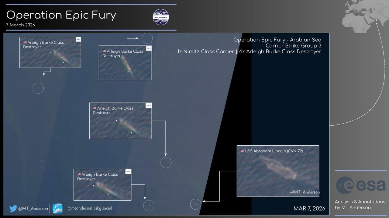 卫星图像显示CVN-72“林肯”号核动力航空母舰继续在阿拉伯海北部执行任务，但是