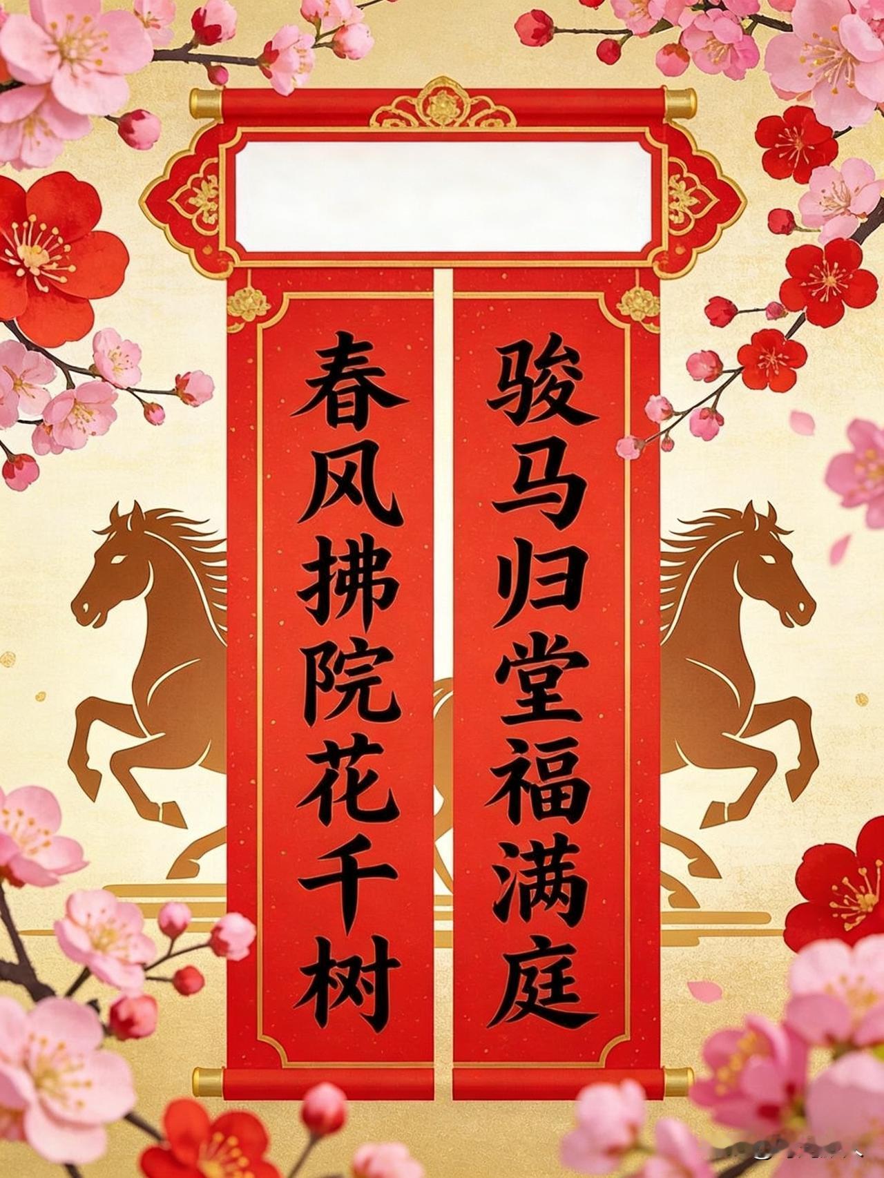 上联：春风拂院花千树下联：骏马归堂福满庭横批：？？？？熬了半天的马年春