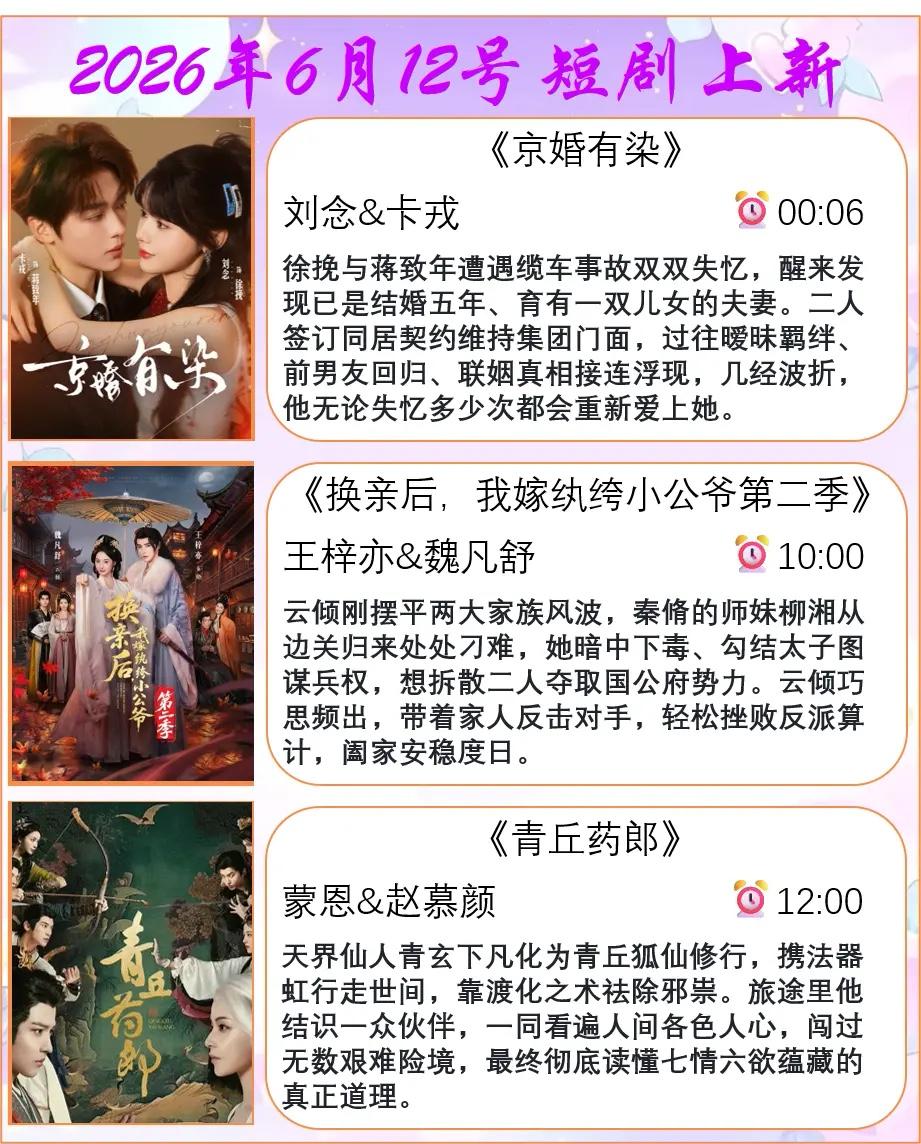 🔥📺6月12日短剧上新合集✨🔥1.《京婚有染》💕主演：刘念&