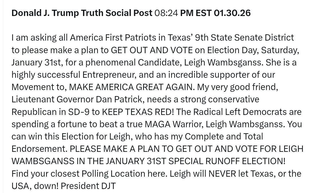 特朗普：我呼吁德克萨斯州第九州参议院选区所有“美国优先”的爱国者们，请务必在1月