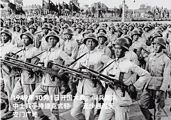 你见过阅兵式上士兵们挎着机枪走过天安门吗？这是1949年开国大典阅兵式上，士兵