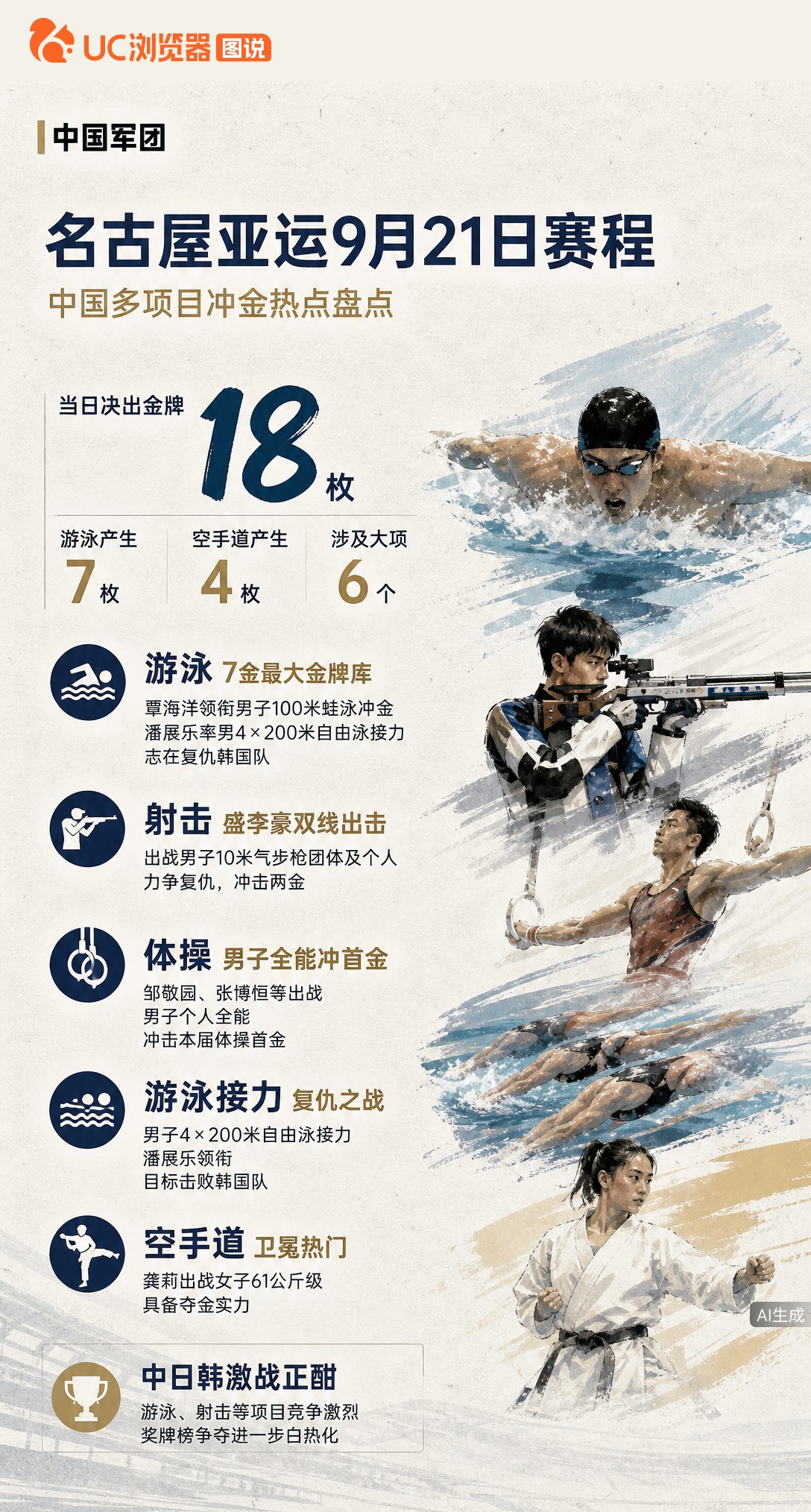 名古屋亚运9月21日决出18金！游泳7金覃海洋领衔冲金，潘展乐接力力争复仇韩国；盛李豪射击双线出击，
