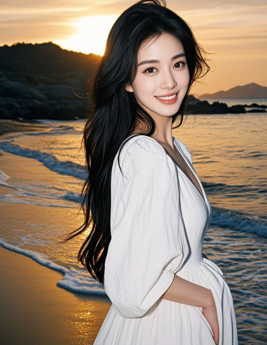 沙滩漫步的女孩，长发飘逸，笑容温婉，画面充满诗意