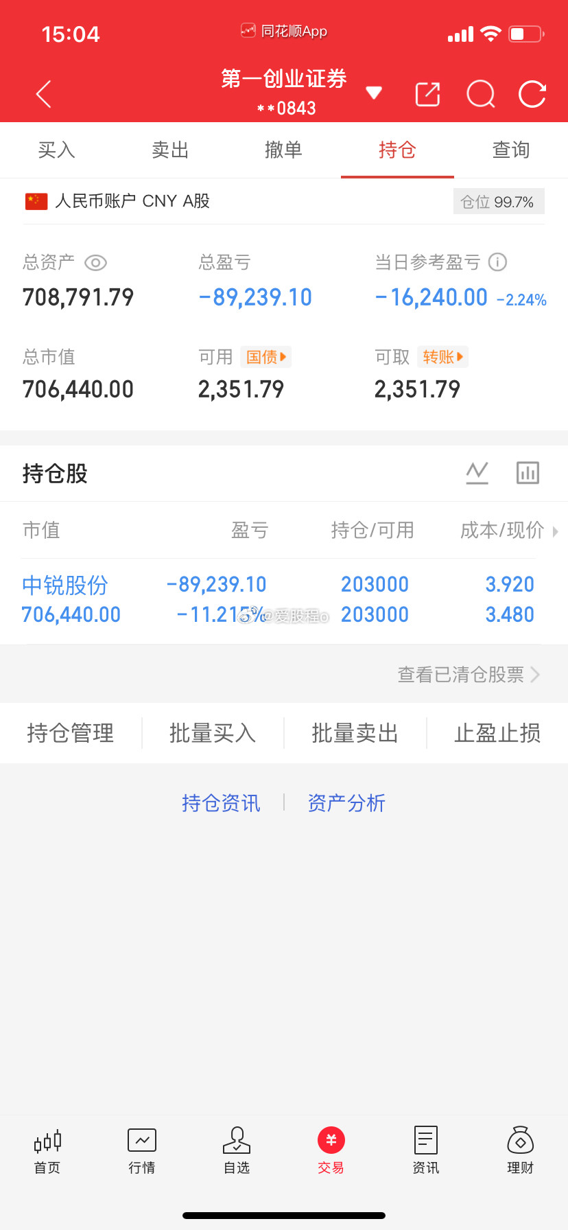 爱股程全职炒股日记40w本金挑战一年翻5倍，第（123）天！总资产：70w