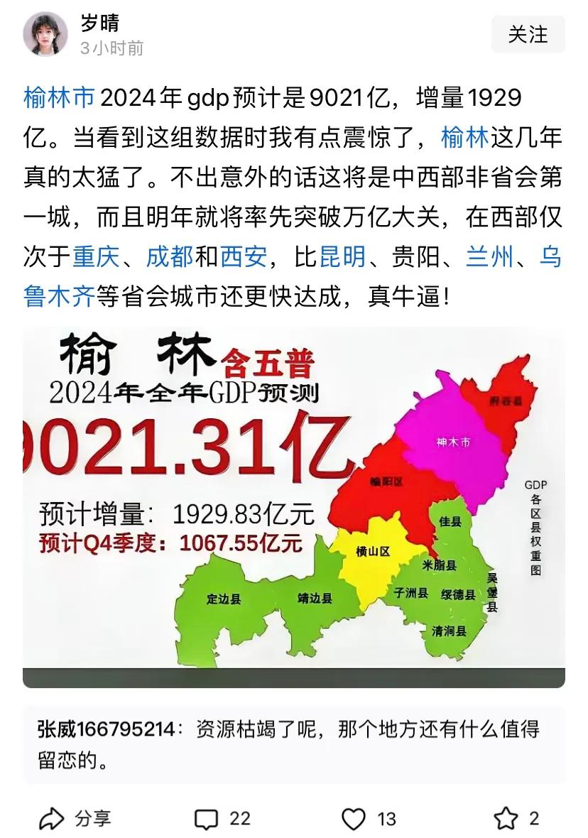 给榆林气球吹的也太大了，9000亿想想也不可能，据光影经济预测，2024年榆东G