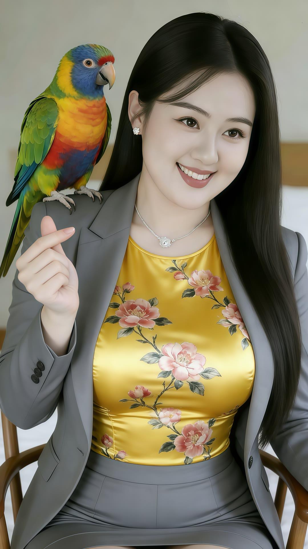 职场萌宠：微笑的职场女性与色彩斑斓的鹦鹉