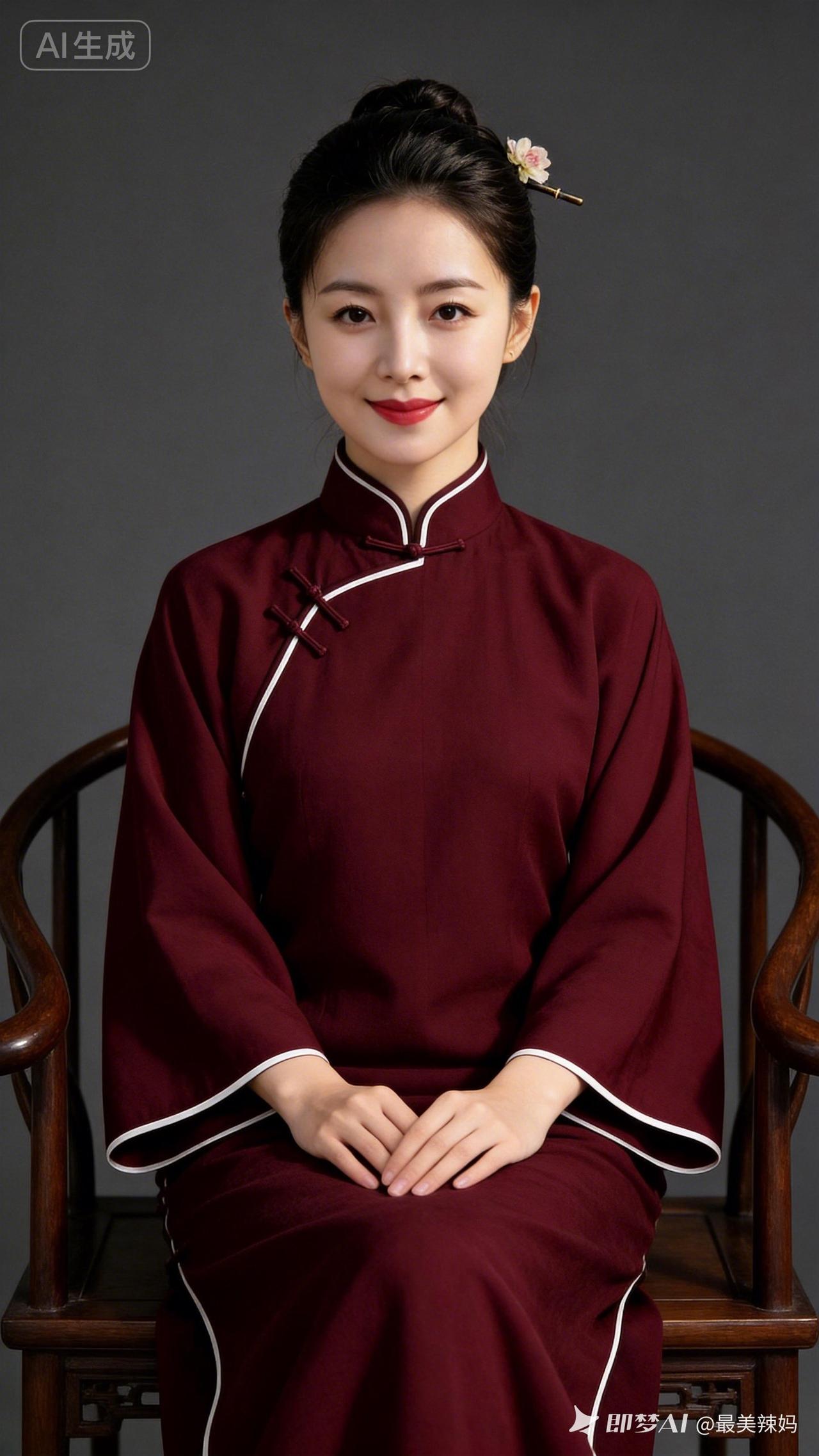 一位穿旗袍的女士坐在椅子上。