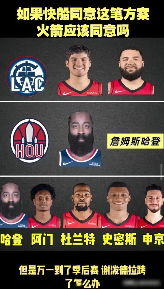 哈登回火箭的交易方案。快船没有了祖巴茨把火箭打的七零八落，其实哈登回火箭是个很不